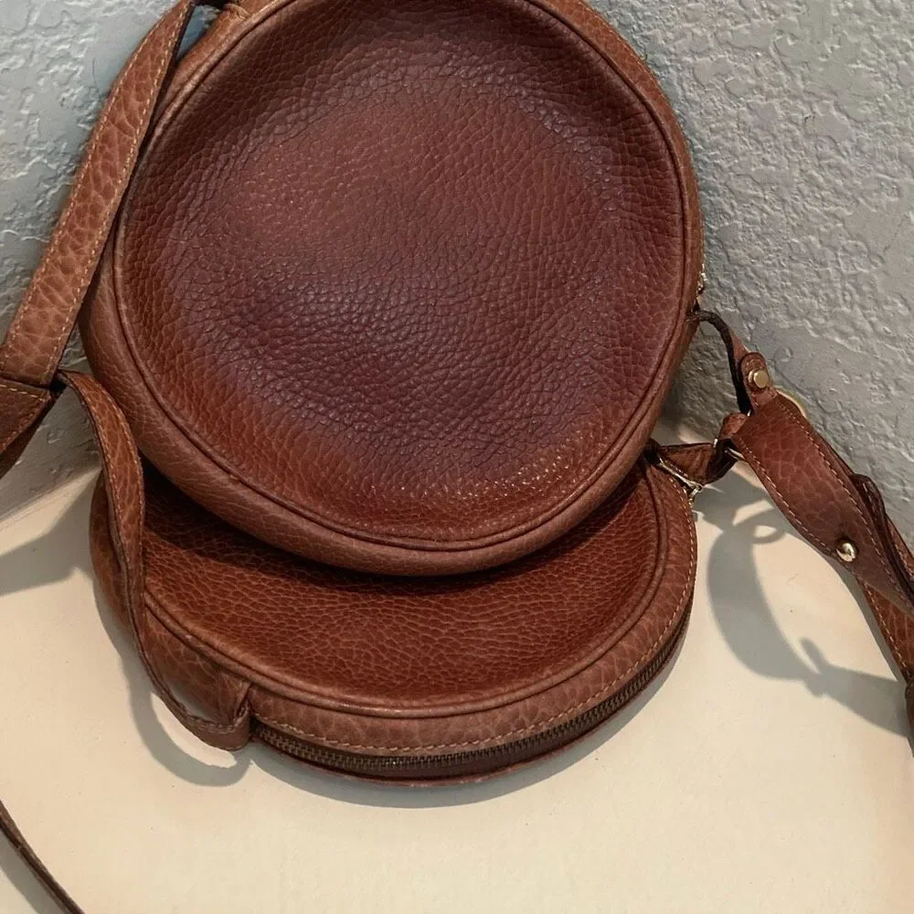 Bally Pebbled Leather Double Circle Crossbody Bag Cognac Brown Quiet Luxury